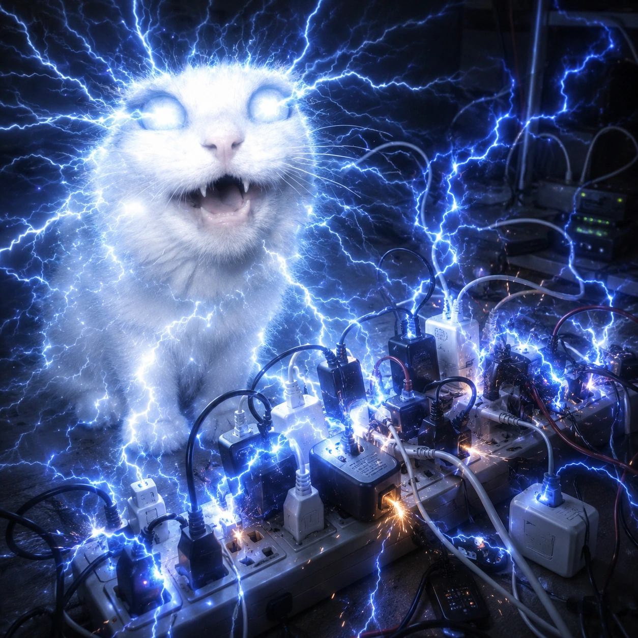 Static Cat overloading a power strip