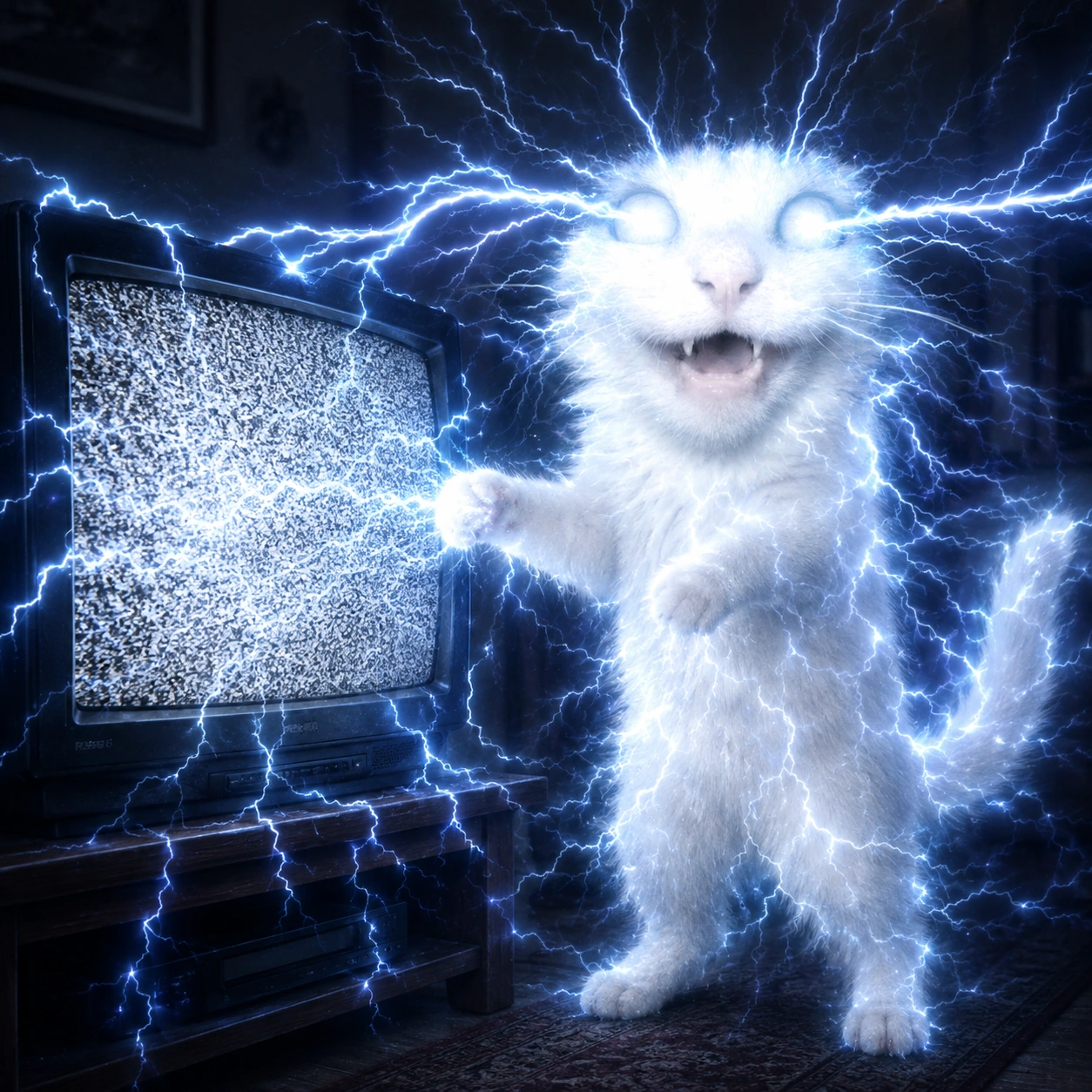 Static Cat electrifying an old television